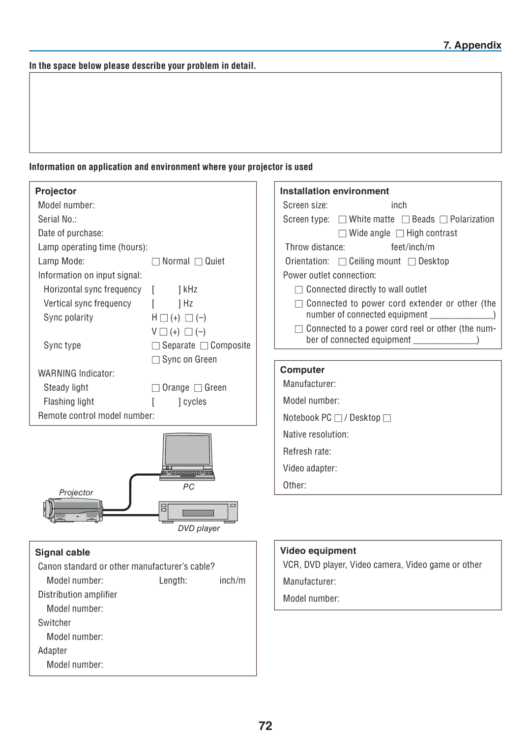 Canon LV-7260, LV-7265, LV-X7 user manual Installation environment, Computer, Signal cable, Video equipment 