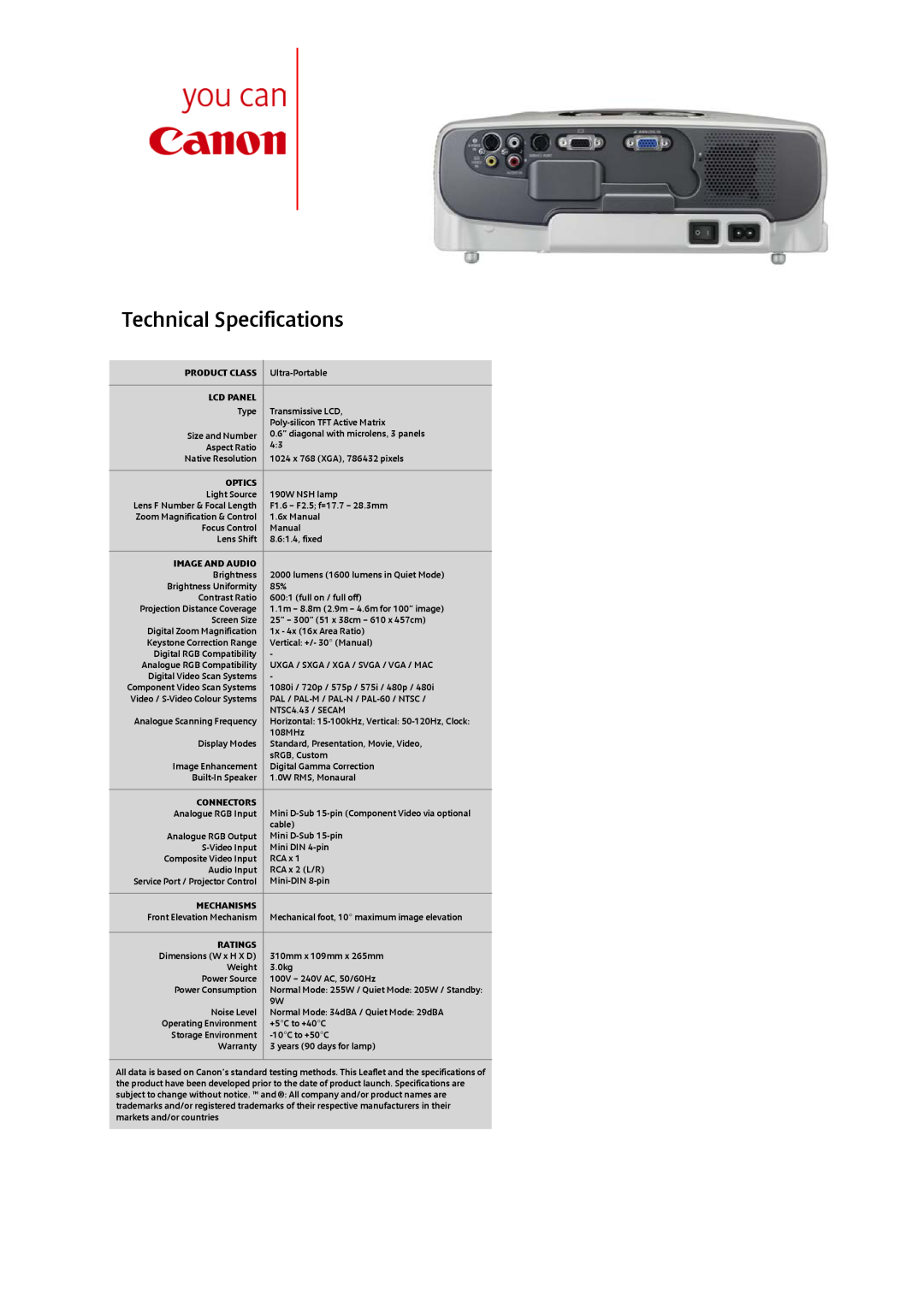 Canon LV-7260 Technical Specifications, Lcd Panel, Optics, Image And Audio, Connectors, Mechanisms, Ratings 