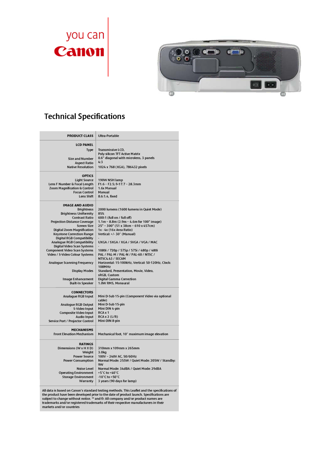 Canon LV-7260 instruction manual LCD Panel, Optics, Image and Audio, Connectors, Mechanisms, Ratings 