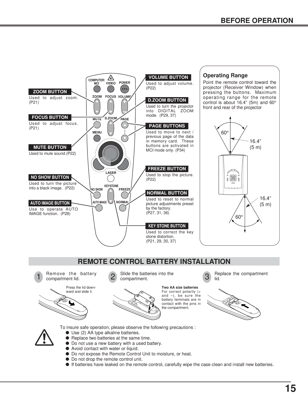 Canon LV-7325U owner manual Remote Control Battery Installation, Operating Range 