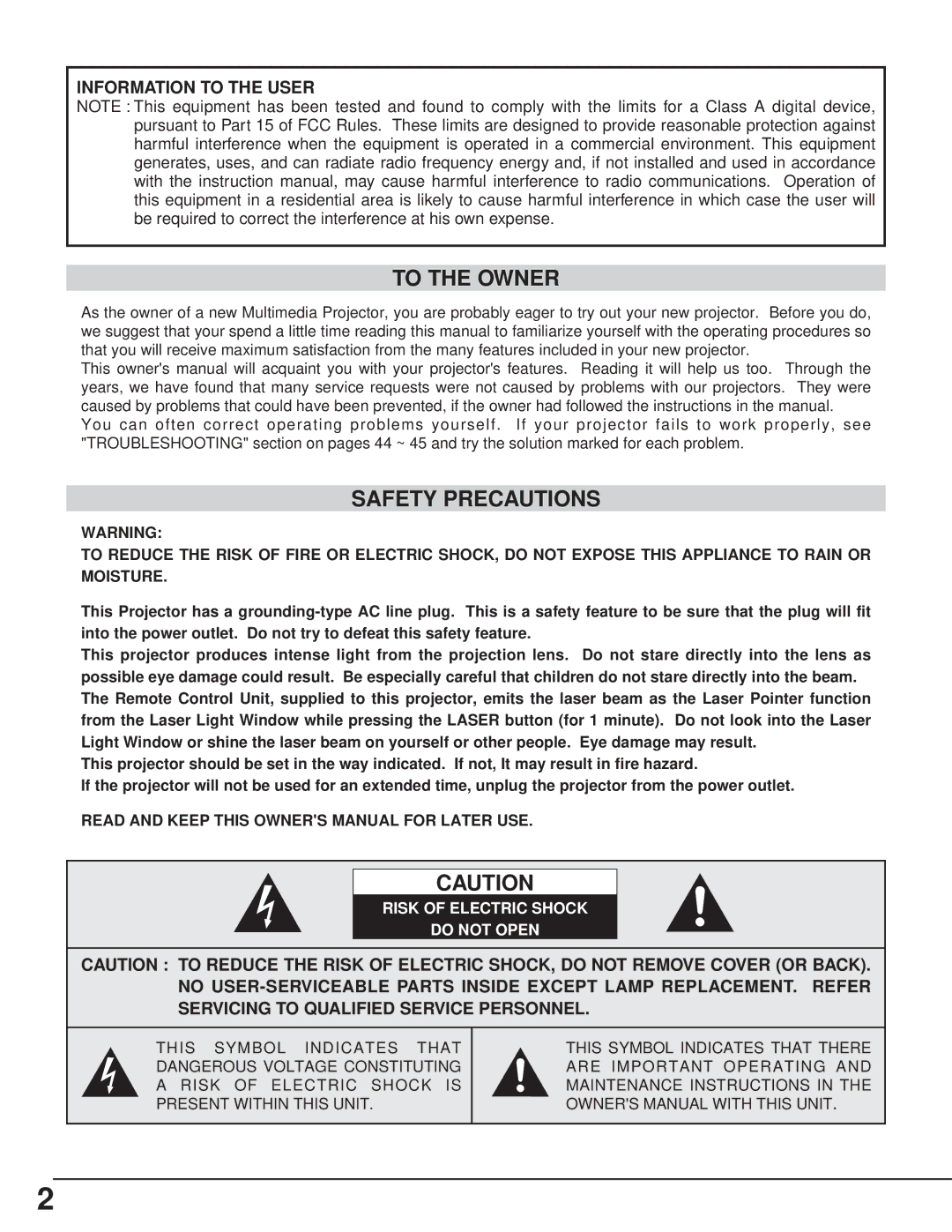 Canon LV-7325U owner manual To the Owner, Safety Precautions, Risk of Electric Shock Do not Open 