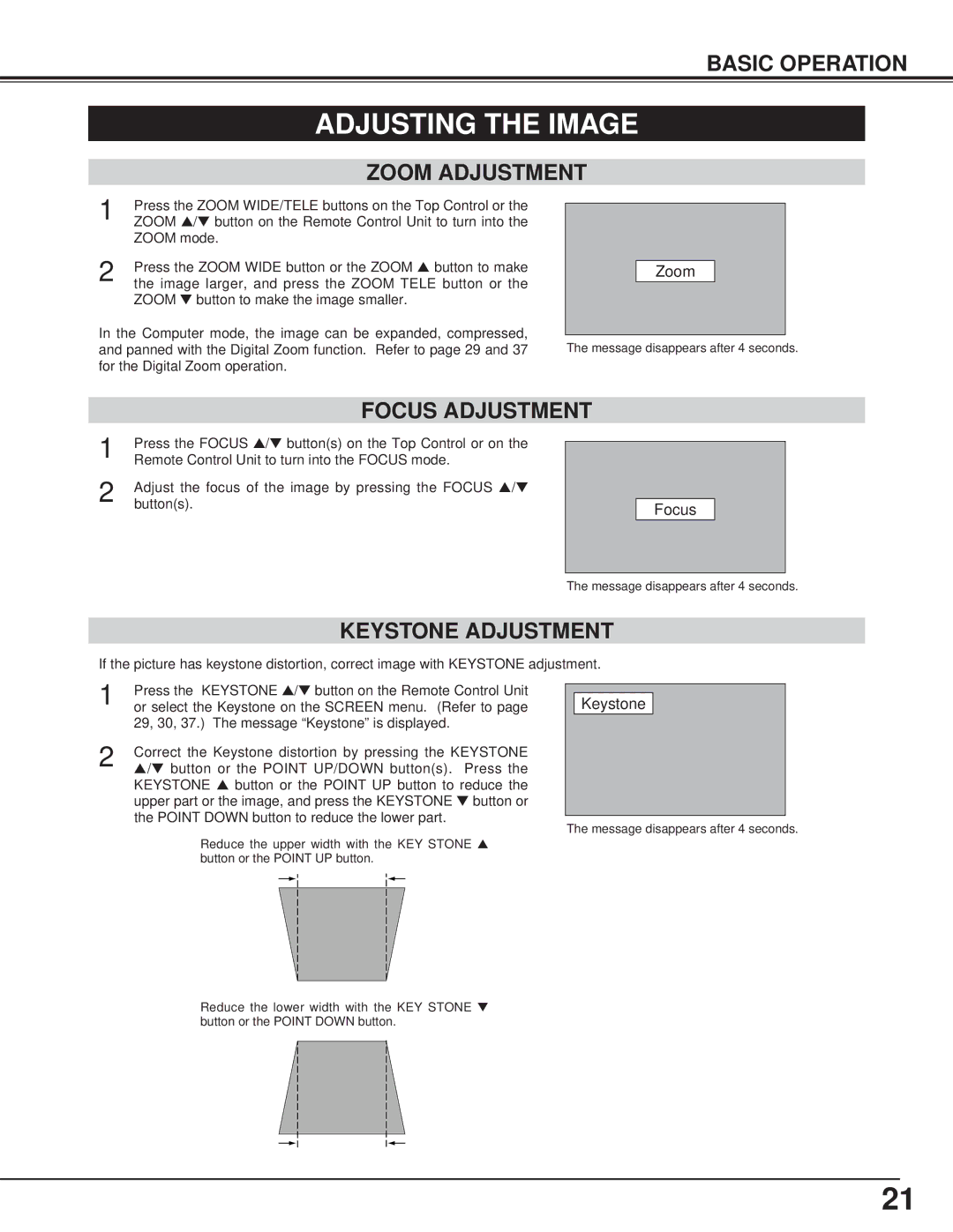 Canon LV-7325U owner manual Adjusting the Image, Zoom Adjustment, Focus Adjustment, Keystone Adjustment 