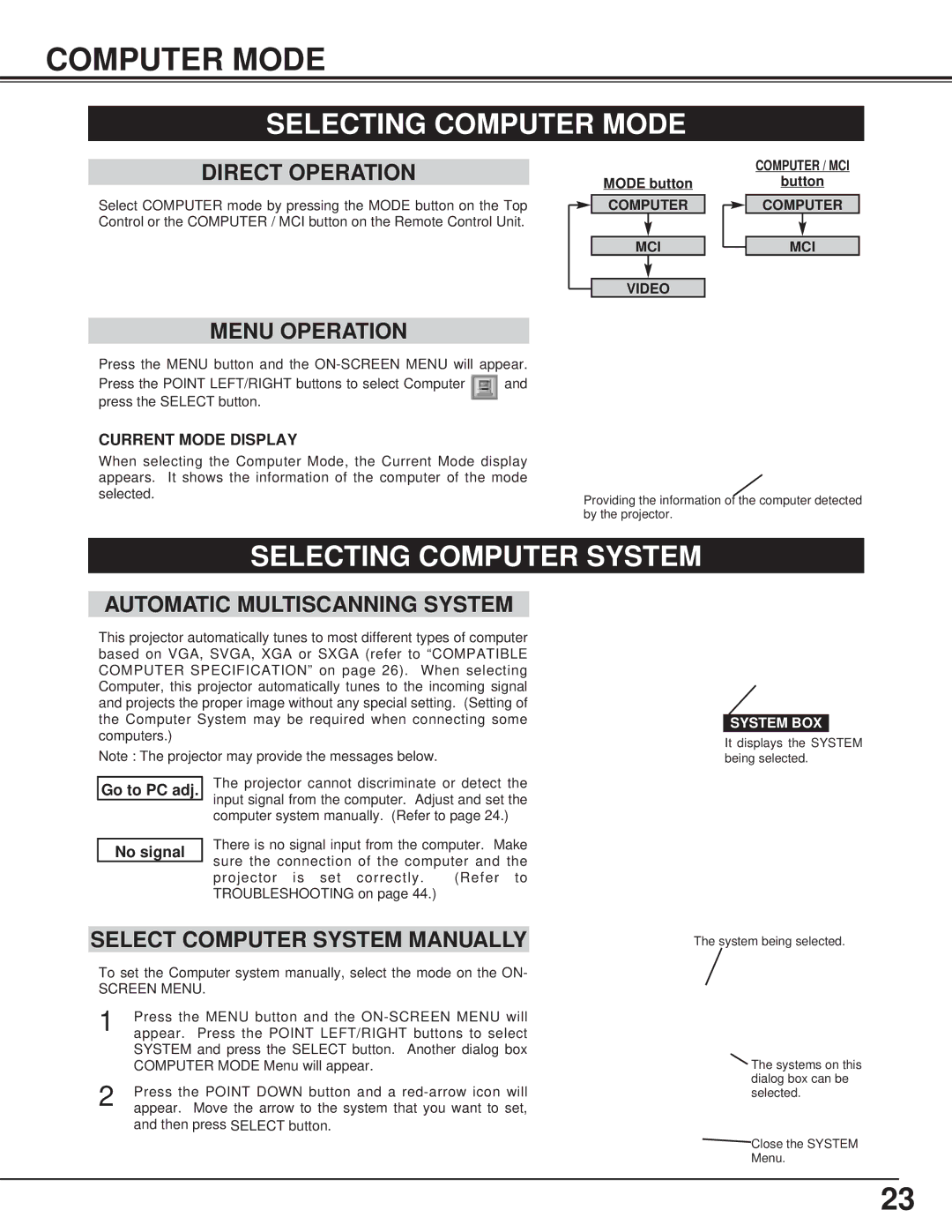 Canon LV-7325U owner manual Selecting Computer Mode, Selecting Computer System 