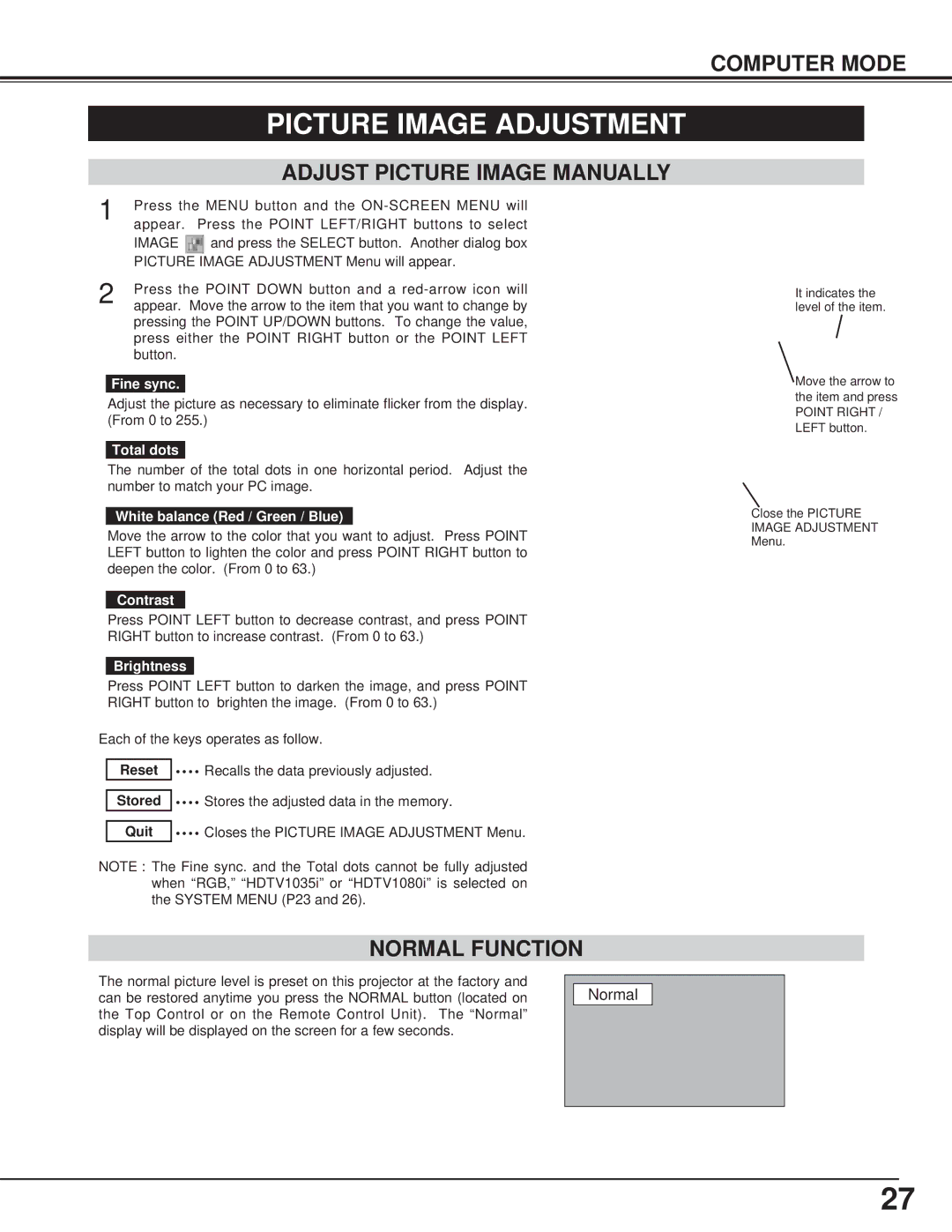 Canon LV-7325U owner manual Adjust Picture Image Manually, Normal Function 