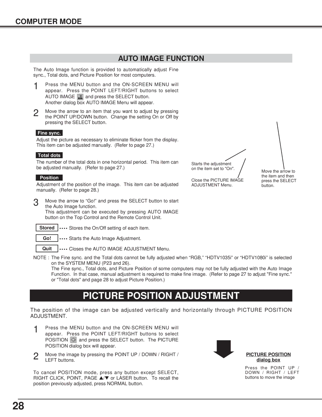 Canon LV-7325U owner manual Picture Position Adjustment, Computer Mode Auto Image Function 