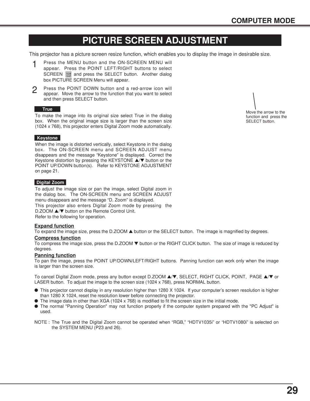 Canon LV-7325U owner manual Picture Screen Adjustment, Expand function, Compress function, Panning function 