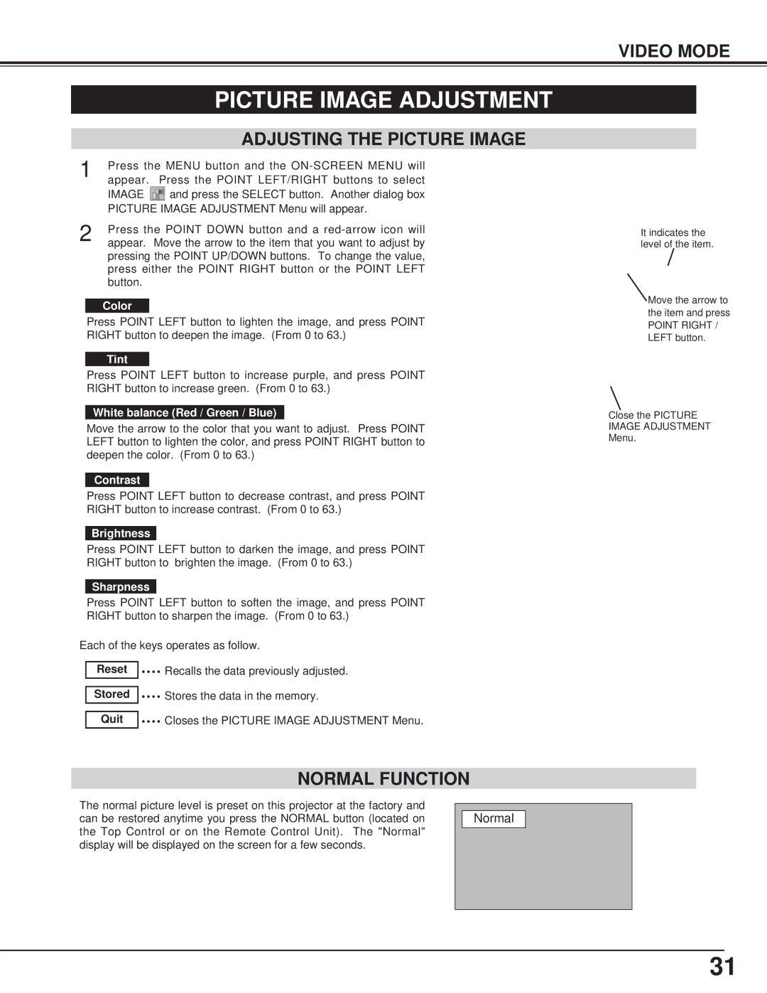 Canon LV-7325U Adjusting the Picture Image, Color, Tint, Sharpness, Quit Closes the Picture Image Adjustment Menu 