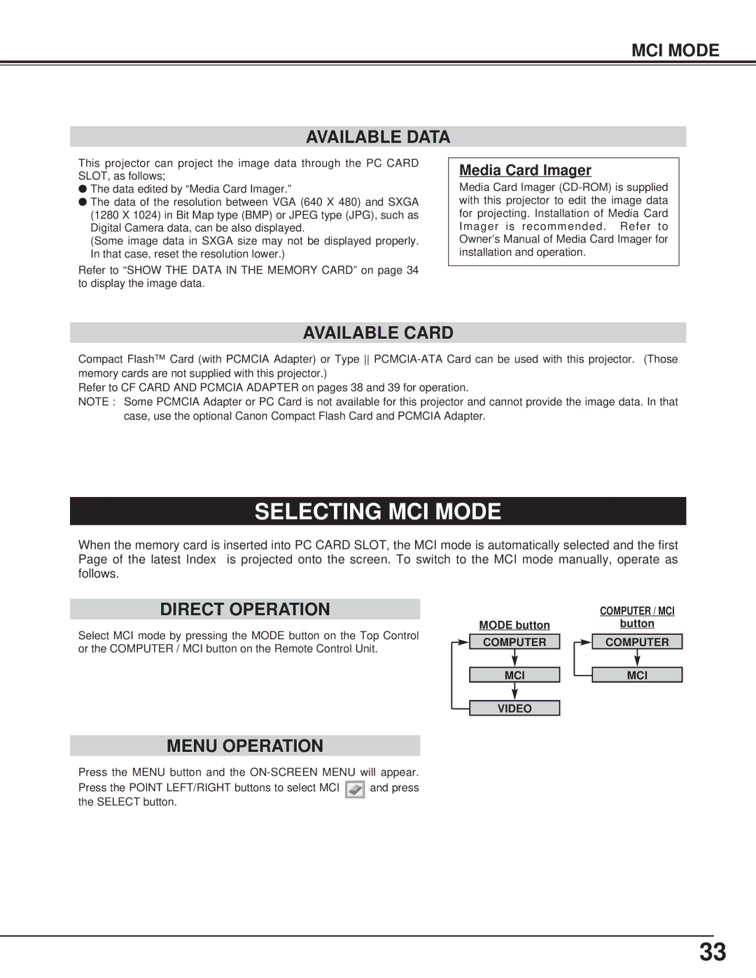 Canon LV-7325U owner manual Selecting MCI Mode, MCI Mode Available Data, Available Card 