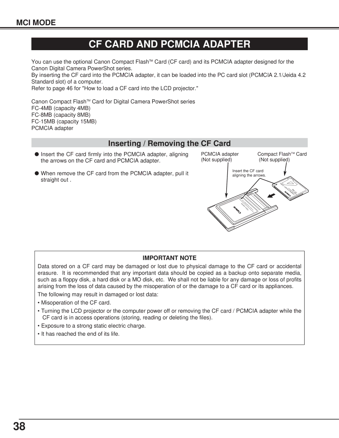 Canon LV-7325U owner manual CF Card and Pcmcia Adapter, Inserting / Removing the CF Card 