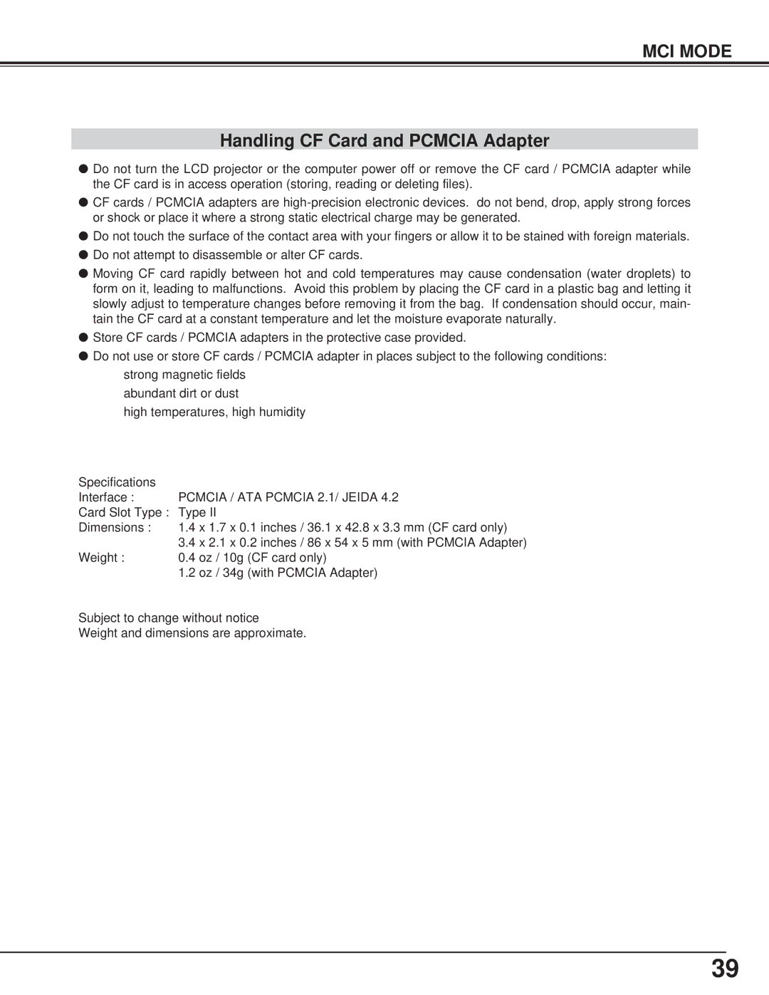 Canon LV-7325U owner manual Handling CF Card and Pcmcia Adapter 