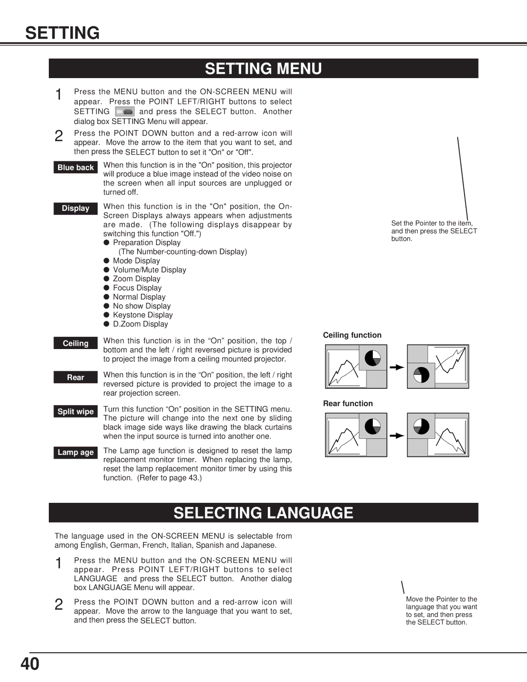 Canon LV-7325U owner manual Setting Menu, Selecting Language 