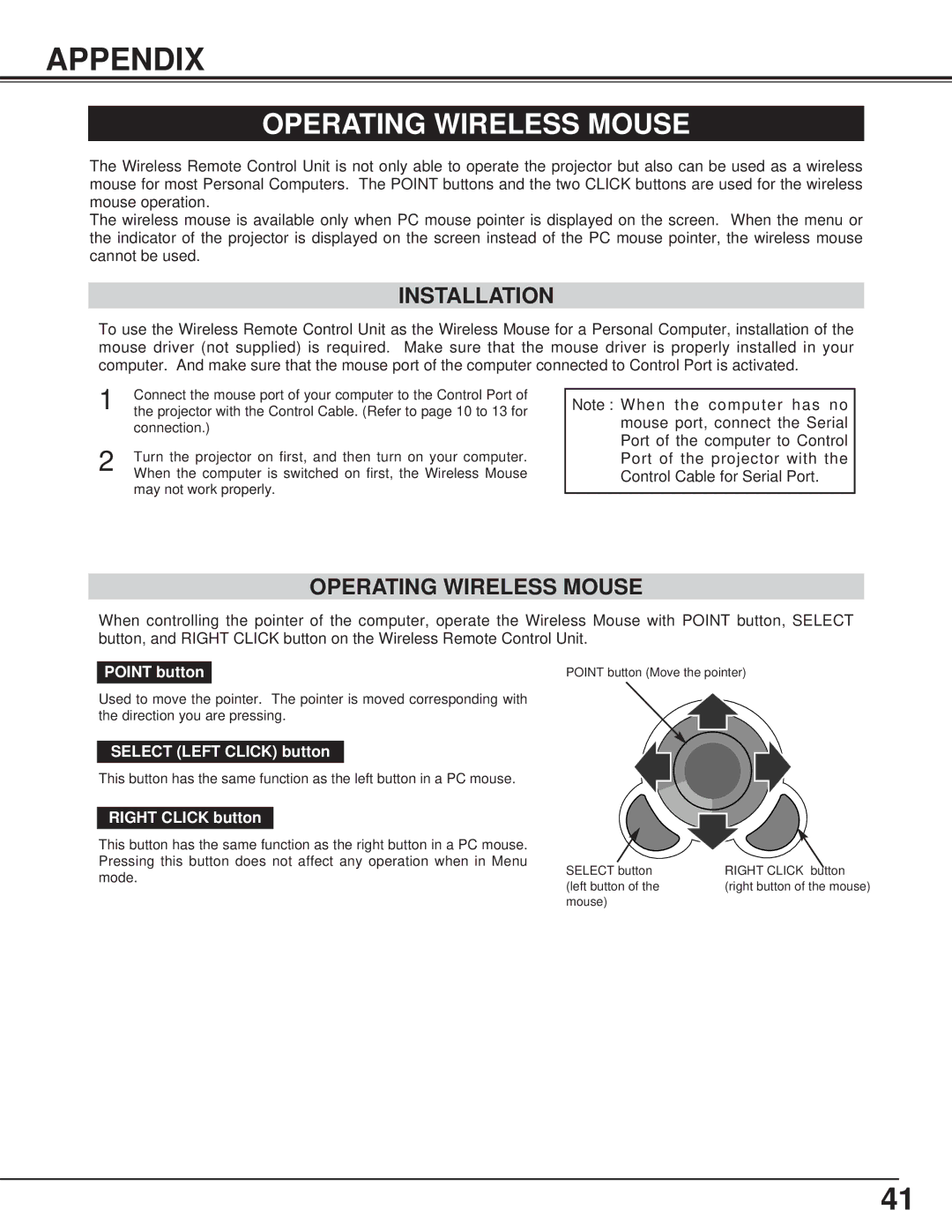 Canon LV-7325U owner manual Appendix, Operating Wireless Mouse, Installation 