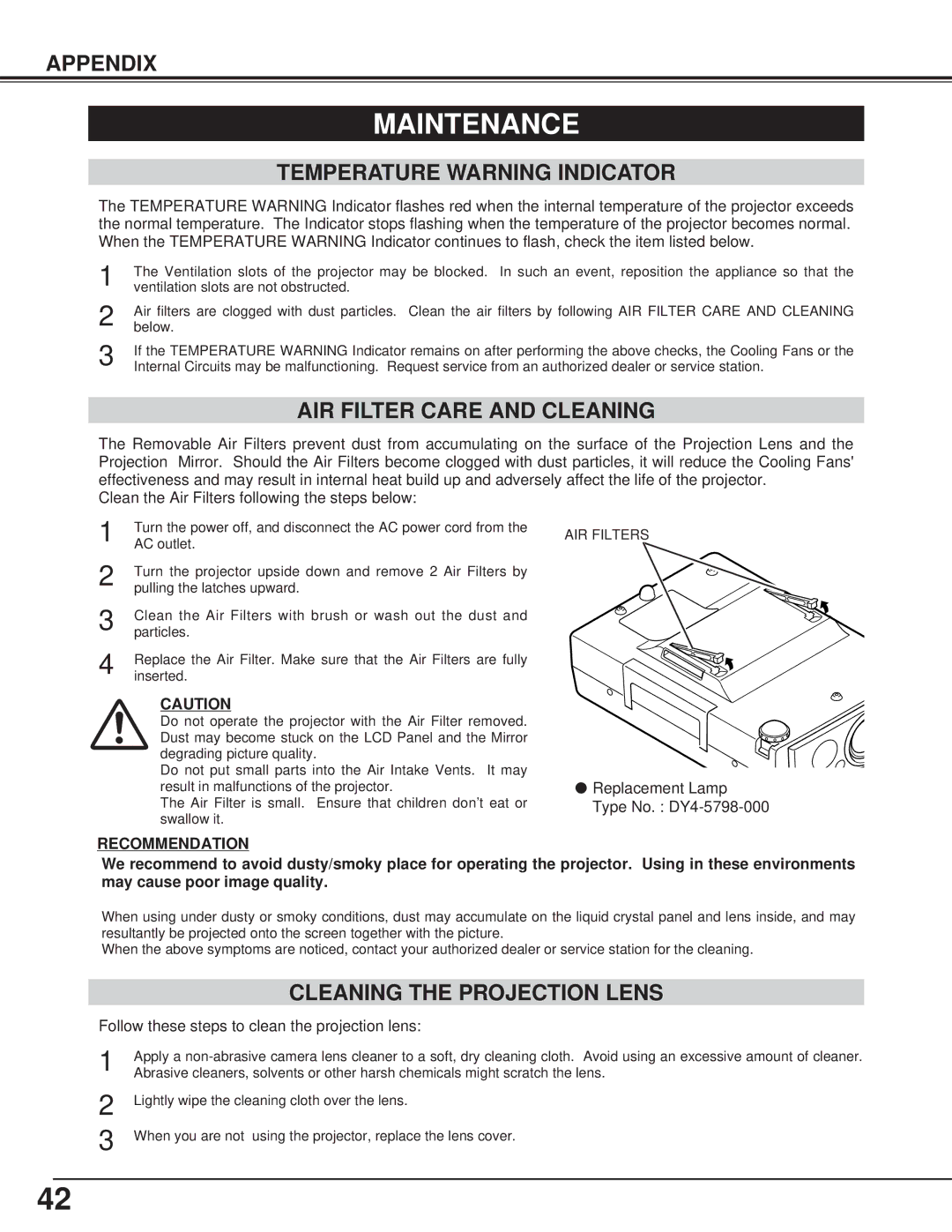 Canon LV-7325U Maintenance, Temperature Warning Indicator, AIR Filter Care and Cleaning, Cleaning the Projection Lens 