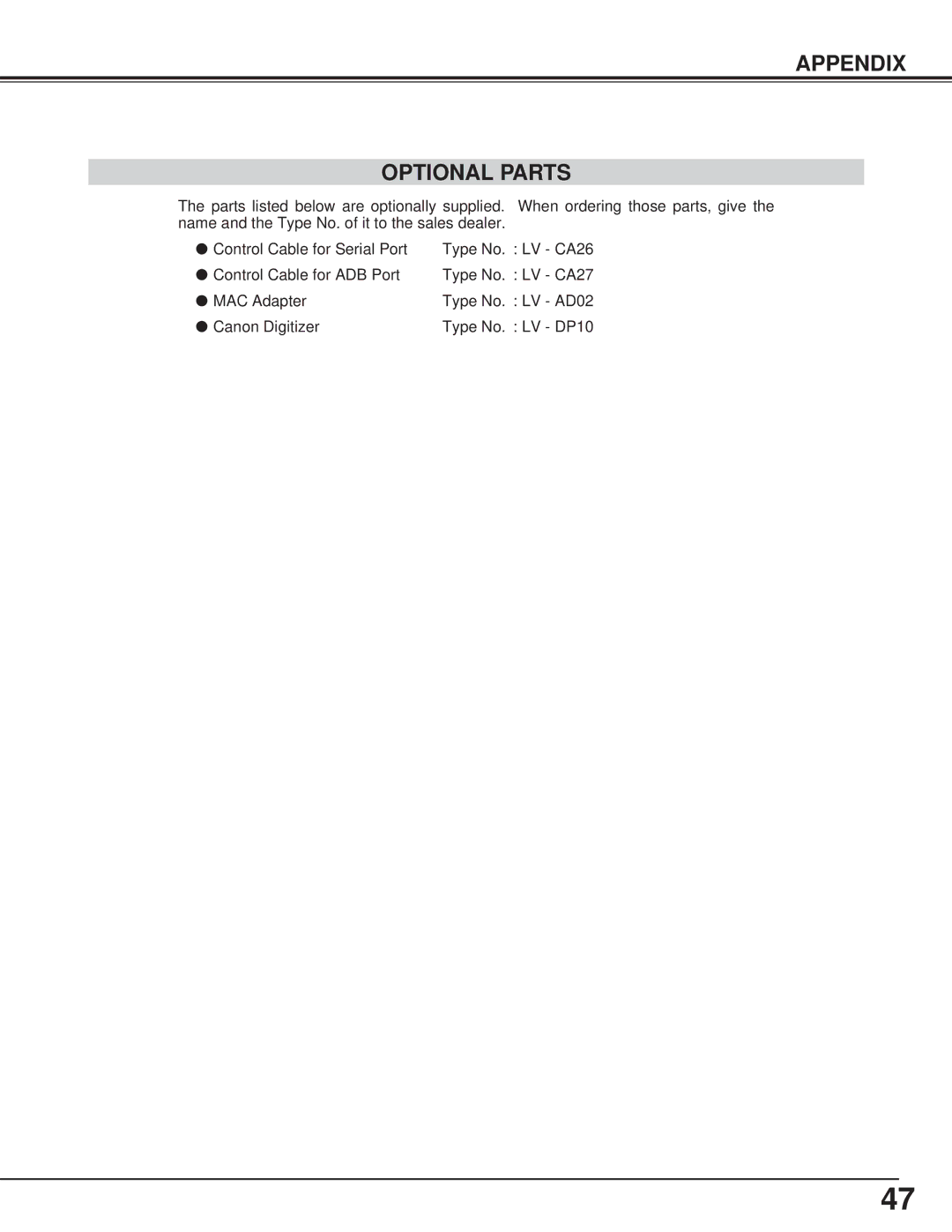 Canon LV-7325U owner manual Appendix Optional Parts 