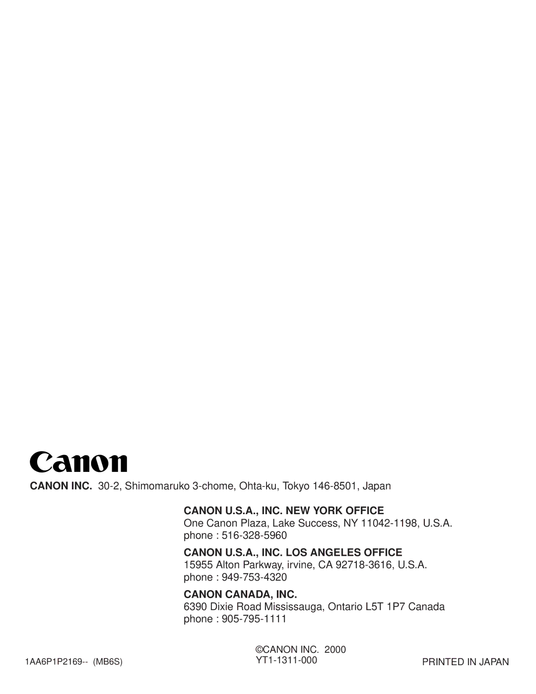 Canon LV-7325U owner manual Canon U.S.A., INC. NEW York Office 