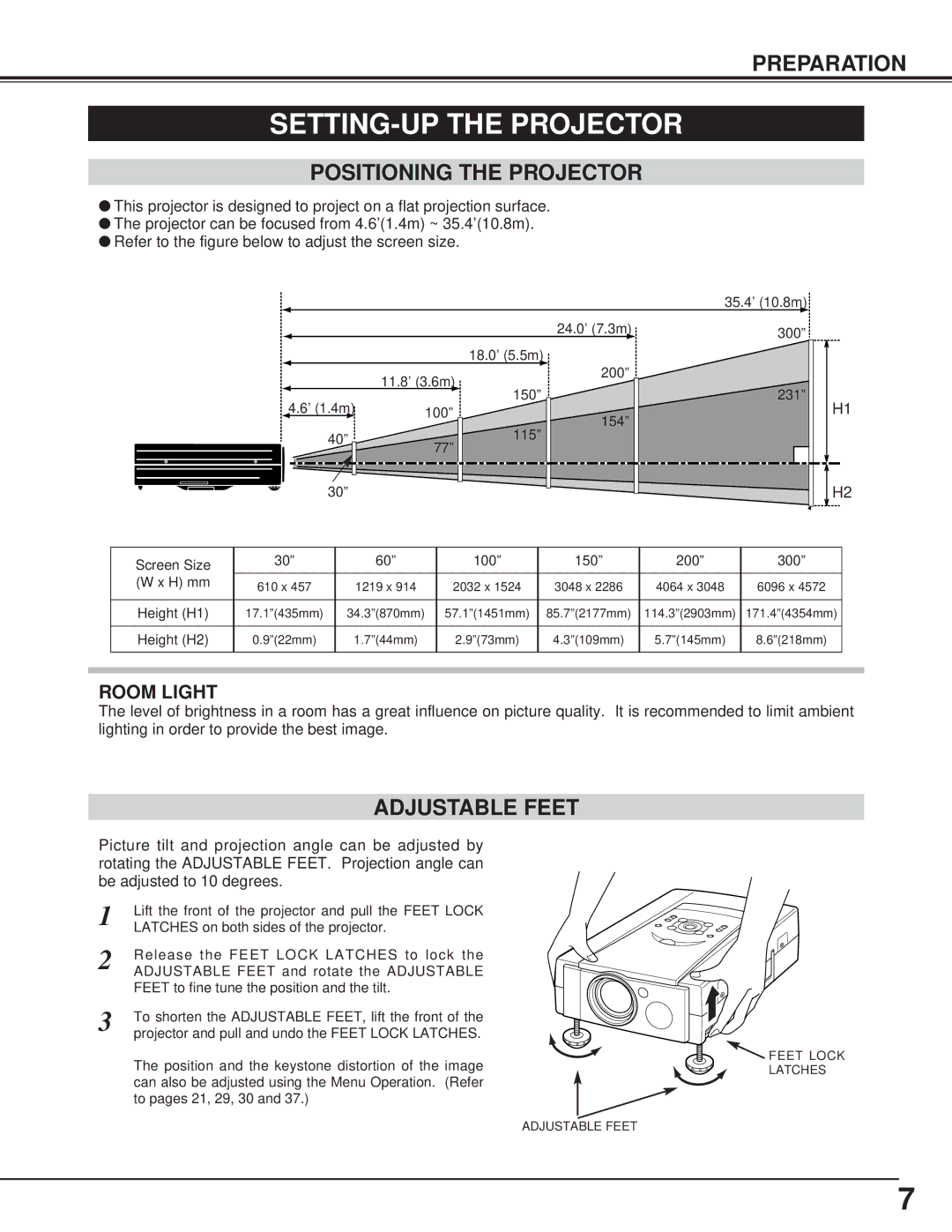 Canon LV-7325U owner manual SETTING-UP the Projector, Positioning the Projector, Adjustable Feet 