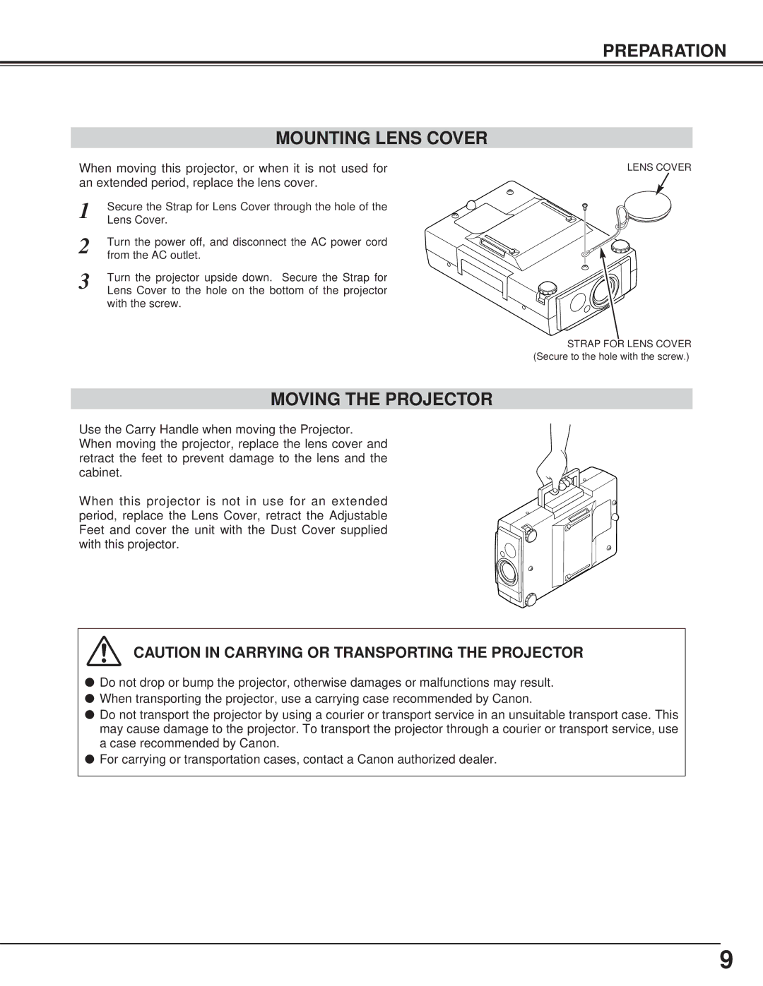 Canon LV-7325U owner manual Preparation Mounting Lens Cover, Moving the Projector 