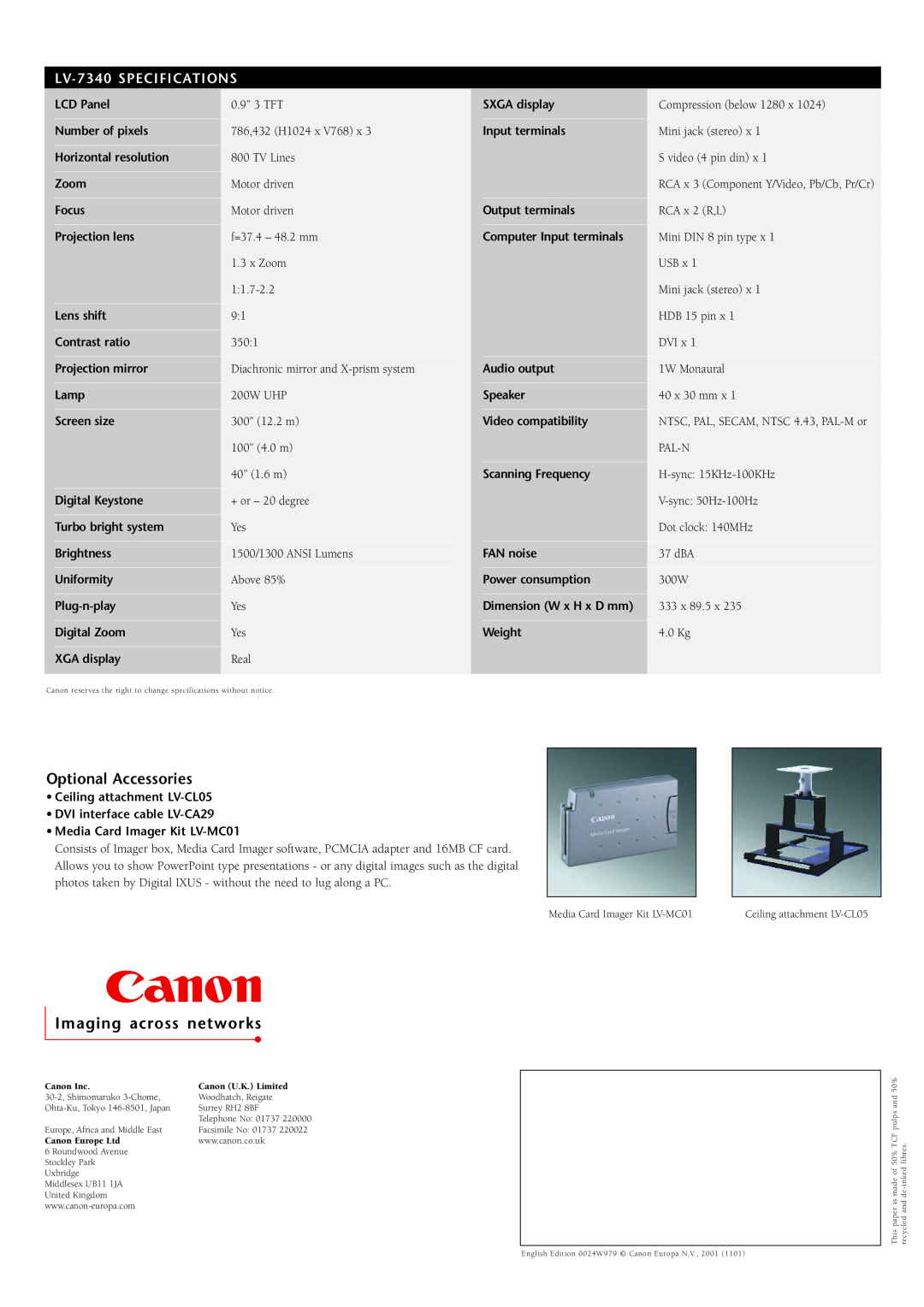 Canon LV-7340 manual Optional Accessories, LV- 7340 SPECIFICATIONS 