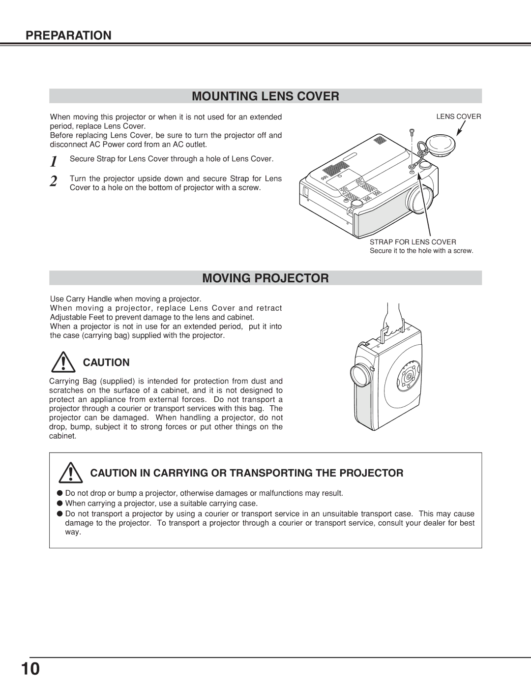 Canon LV-7355 LV-7350 owner manual Preparation Mounting Lens Cover, Moving Projector 