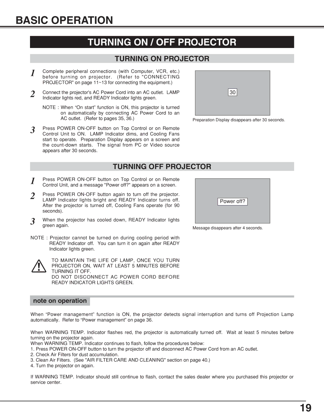 Canon LV-7355 LV-7350 owner manual Basic Operation, Turning on / OFF Projector, Turning on Projector, Turning OFF Projector 