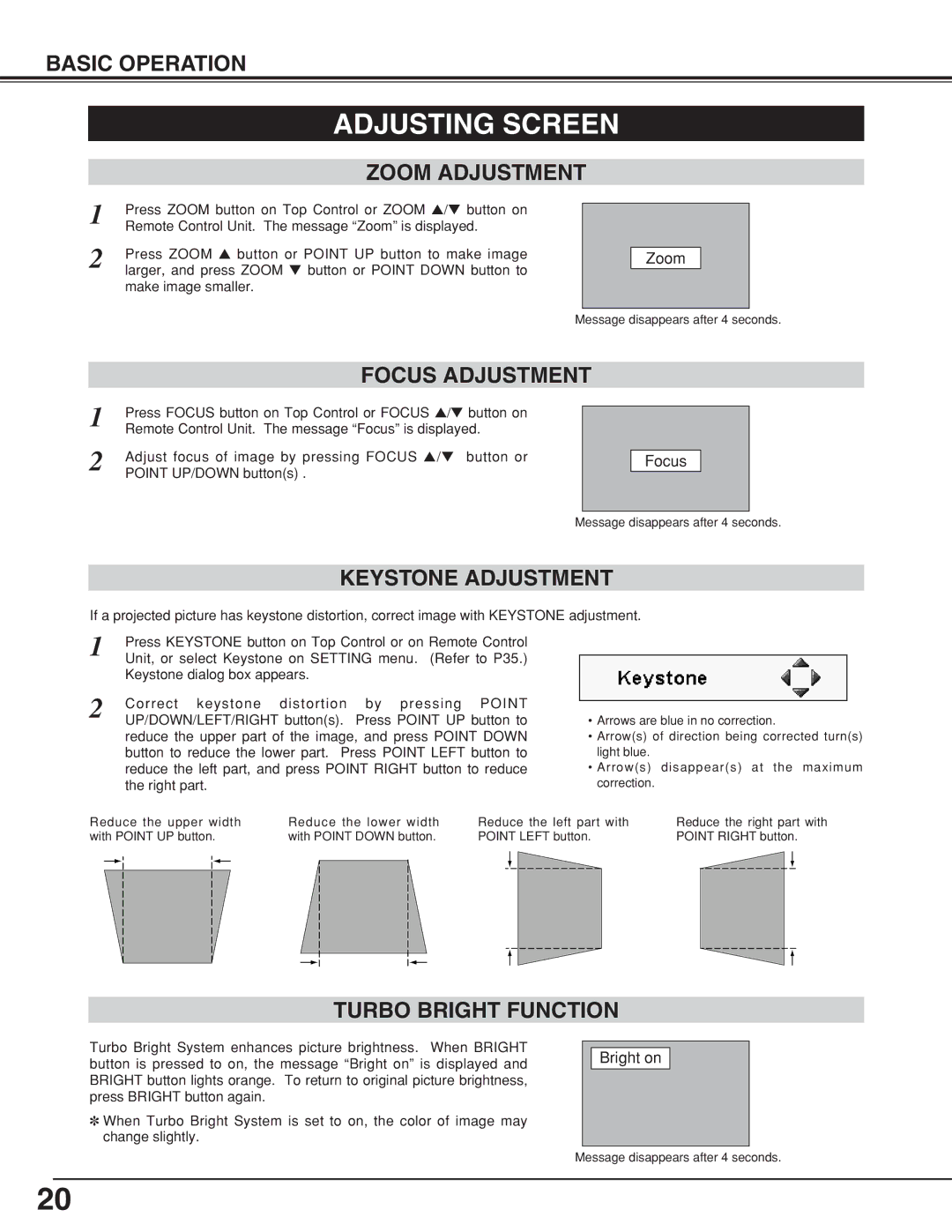 Canon LV-7355 LV-7350 owner manual Adjusting Screen, Keystone Adjustment, Turbo Bright Function 