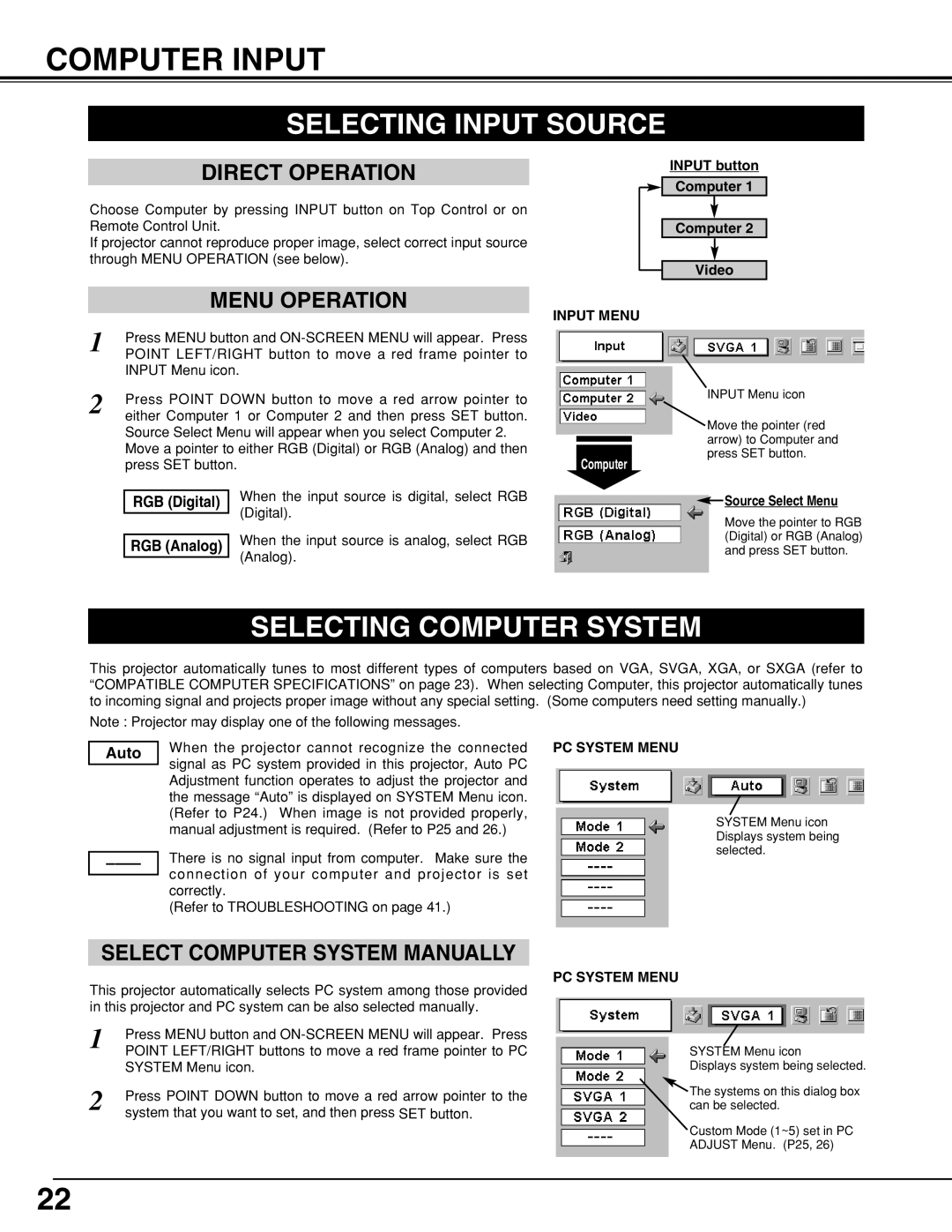 Canon LV-7355 LV-7350 owner manual Computer Input, Selecting Input Source, Selecting Computer System, RGB Digital, Auto 