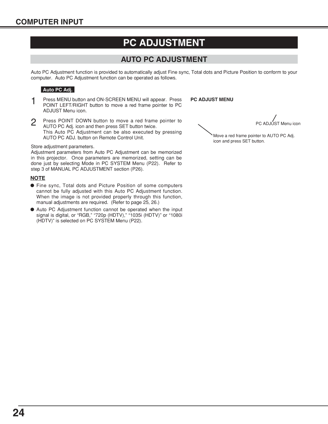 Canon LV-7355 LV-7350 owner manual Auto PC Adjustment, PC Adjust Menu 