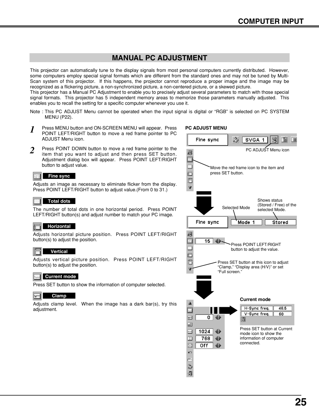 Canon LV-7355 LV-7350 owner manual Computer Input Manual PC Adjustment 