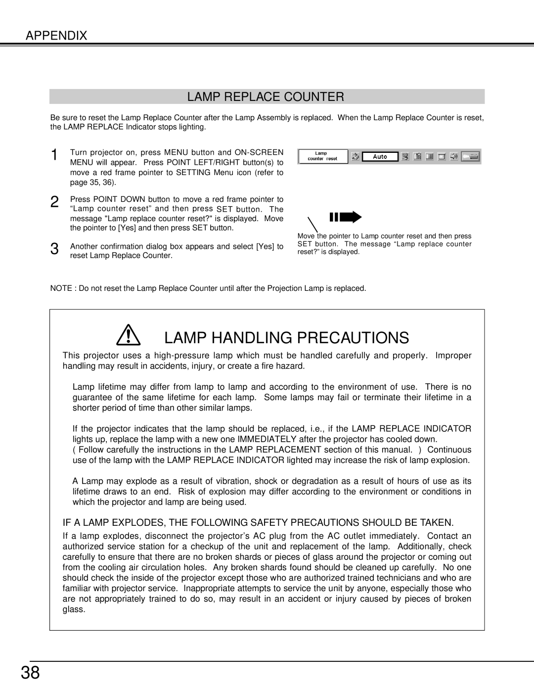 Canon LV-7355 LV-7350 owner manual Lamp Handling Precautions, Appendix Lamp Replace Counter 