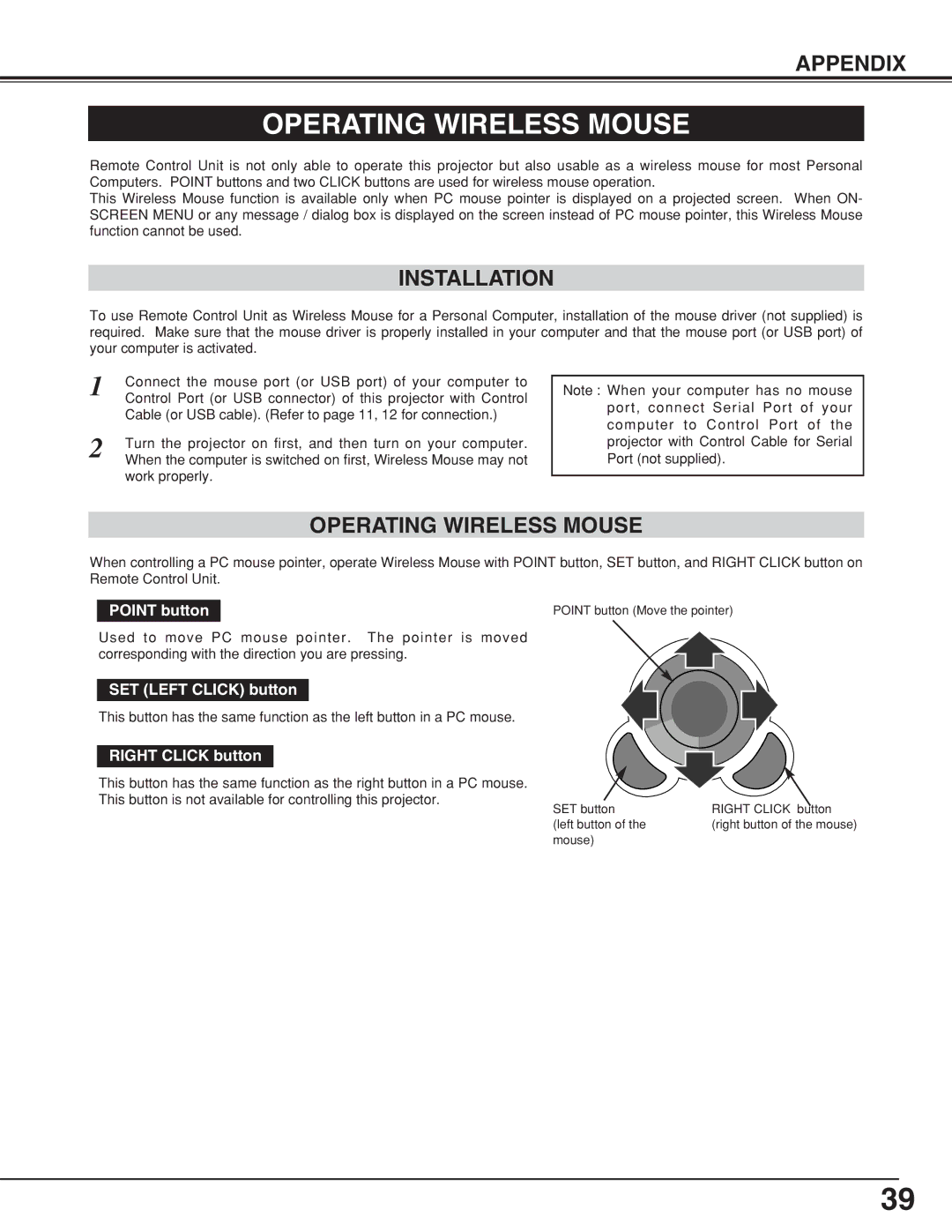 Canon LV-7355 LV-7350 owner manual Operating Wireless Mouse, Installation 