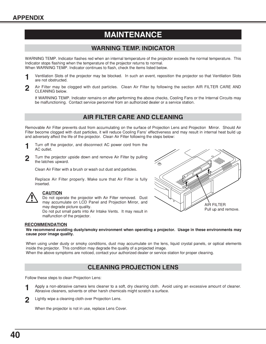 Canon LV-7355 LV-7350 owner manual Maintenance, AIR Filter Care and Cleaning, Cleaning Projection Lens 