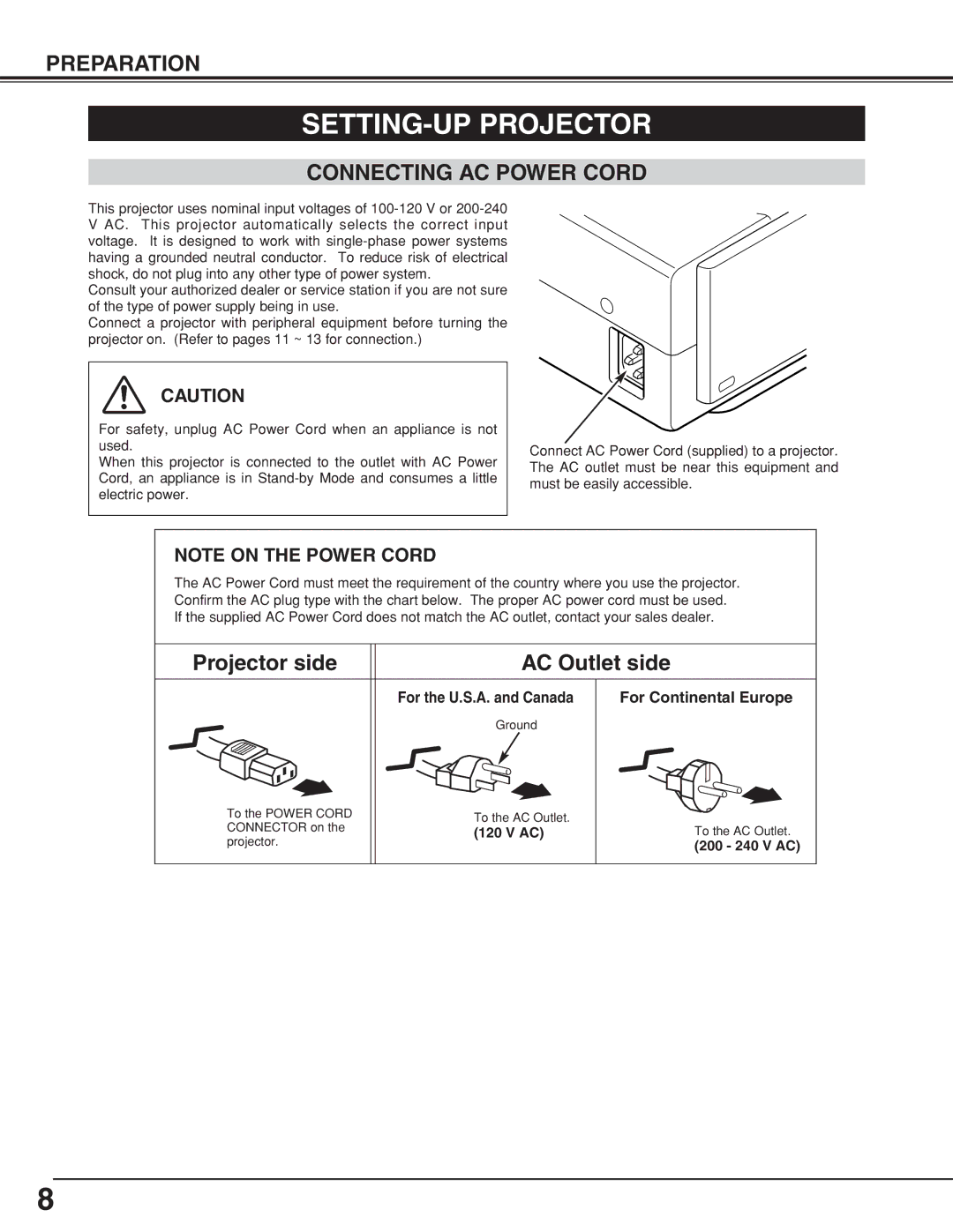 Canon LV-7355 LV-7350 owner manual SETTING-UP Projector, Connecting AC Power Cord, For Continental Europe 