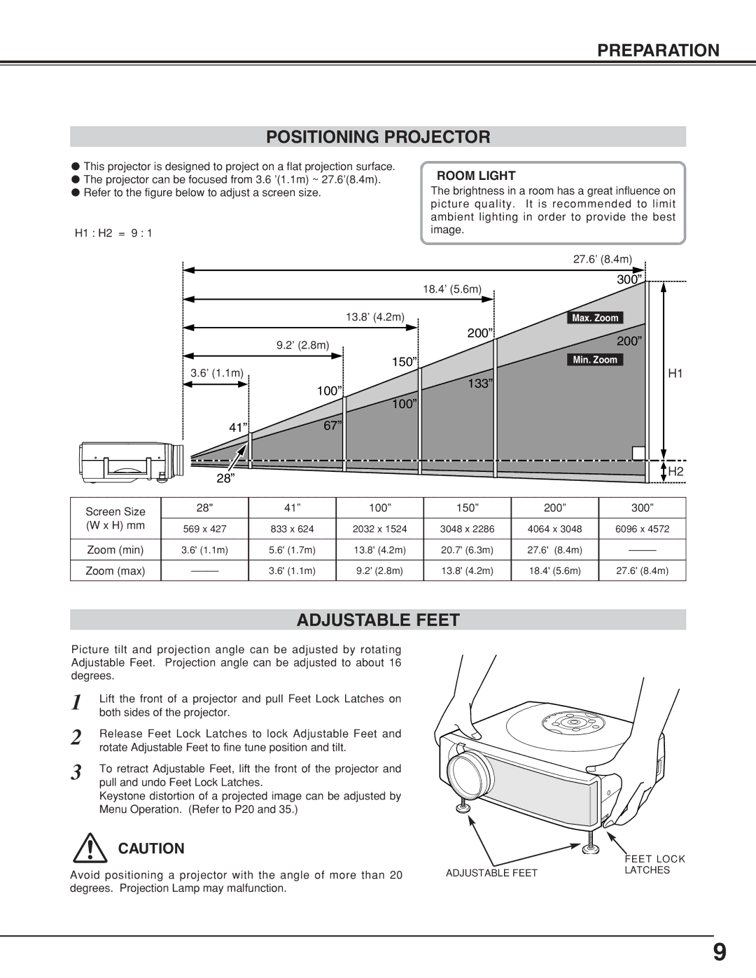 Canon LV-7355 LV-7350 owner manual Preparation Positioning Projector, Adjustable Feet 