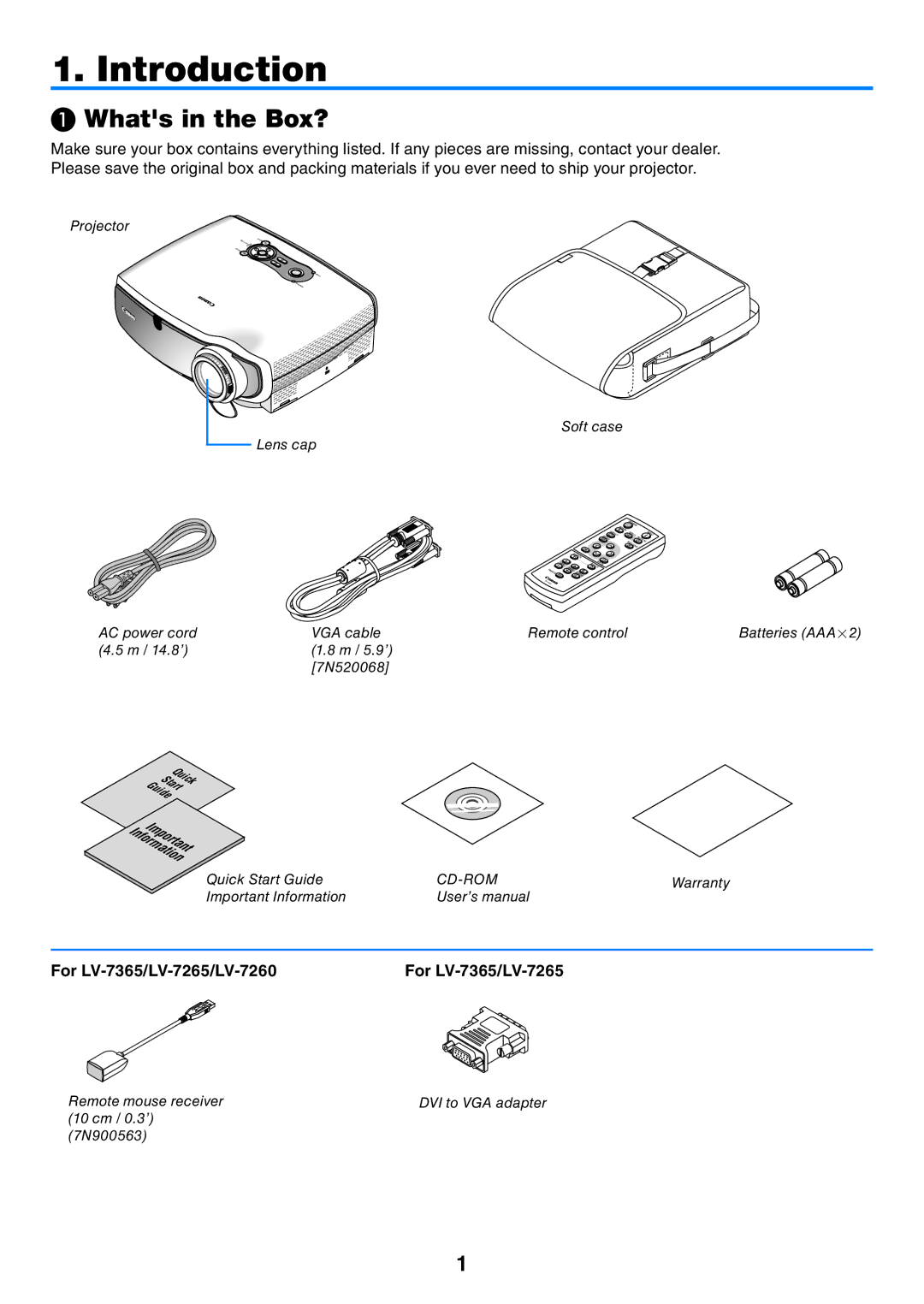 Canon user manual Introduction, ❶ Whats in the Box?, For LV-7365/LV-7265/LV-7260 