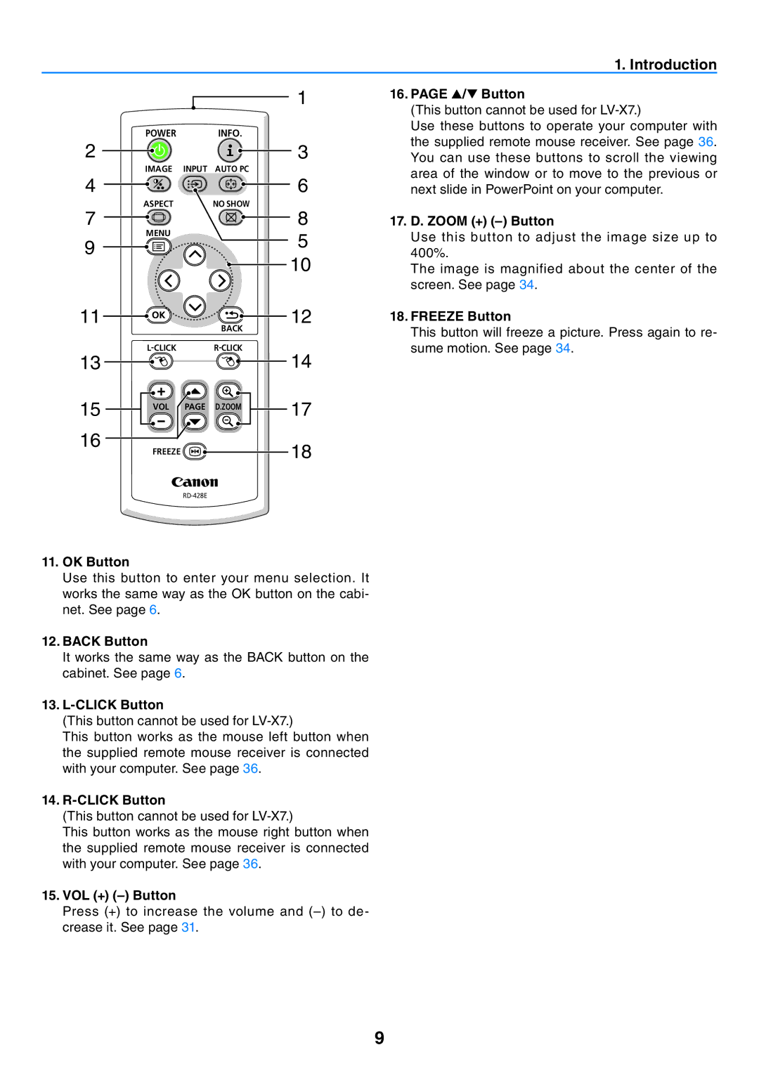 Canon LV-7365 user manual 17. D. Zoom + Button, Freeze Button, Click Button, VOL + Button 