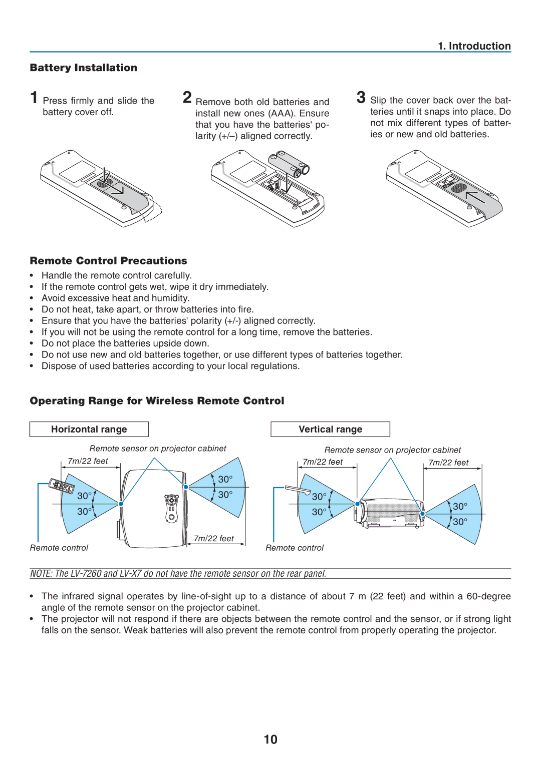 Canon LV-7365 user manual Introduction Battery Installation, Operating Range for Wireless Remote Control 