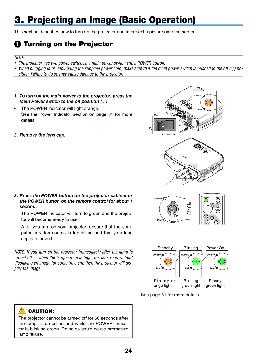 Canon LV-7365 user manual Projecting an Image Basic Operation, ❶ Turning on the Projector 