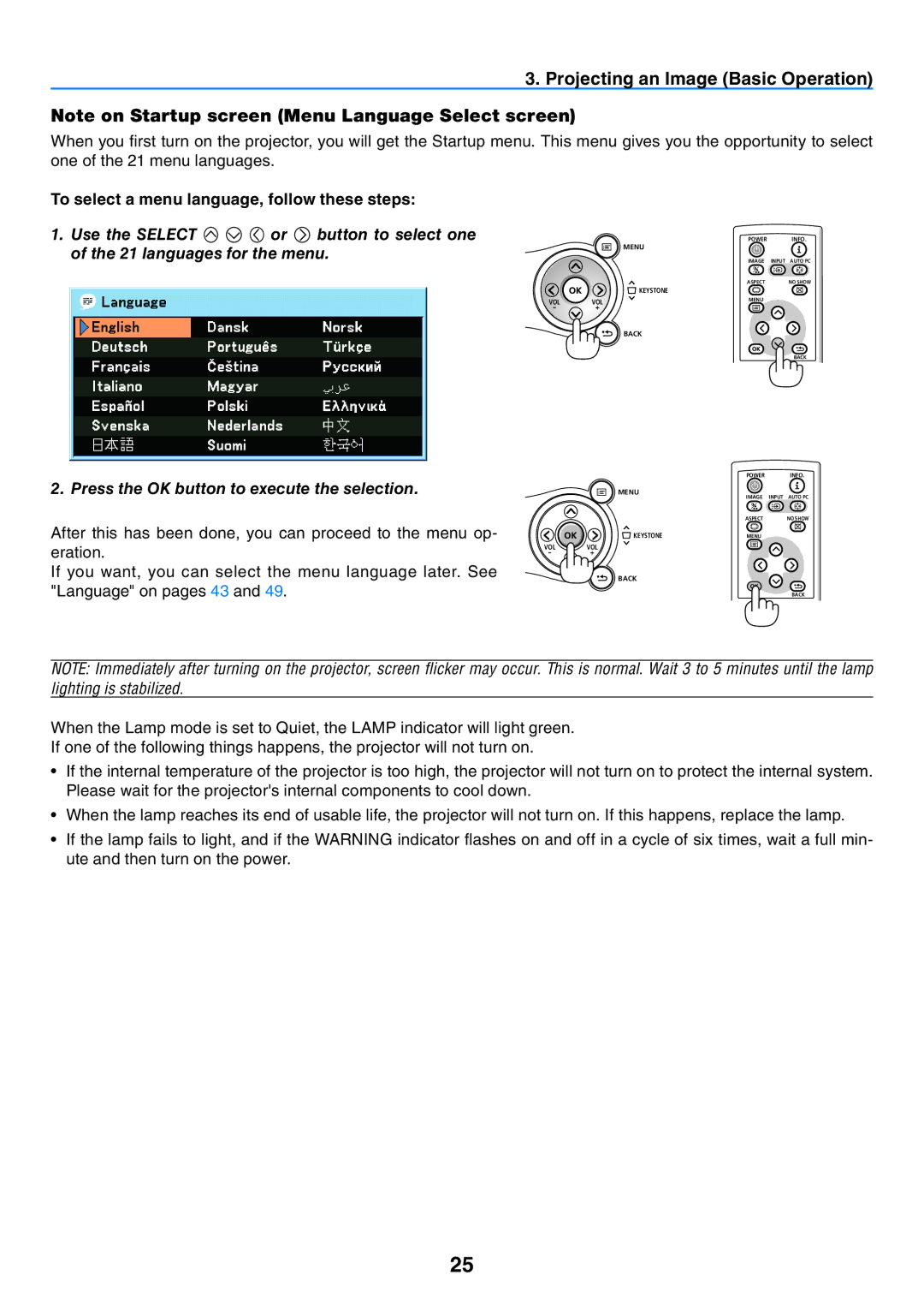 Canon LV-7365 user manual Projecting an Image Basic Operation, To select a menu language, follow these steps 