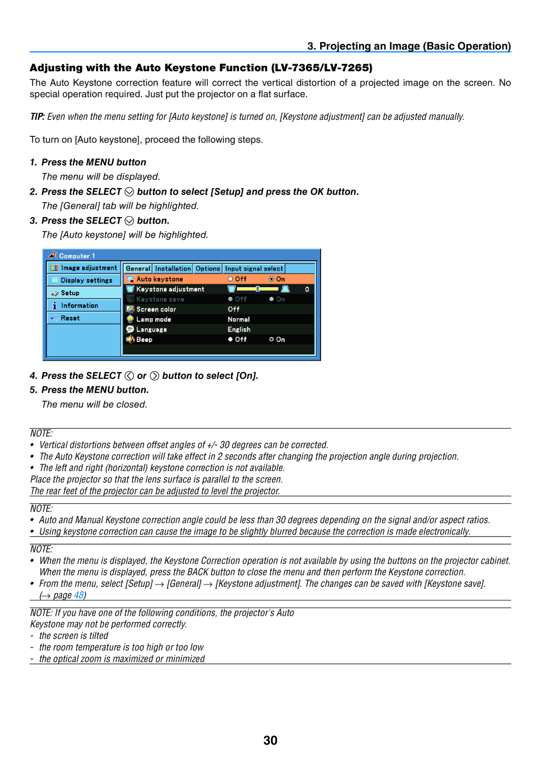 Canon LV-7365 user manual Auto keystone will be highlighted 