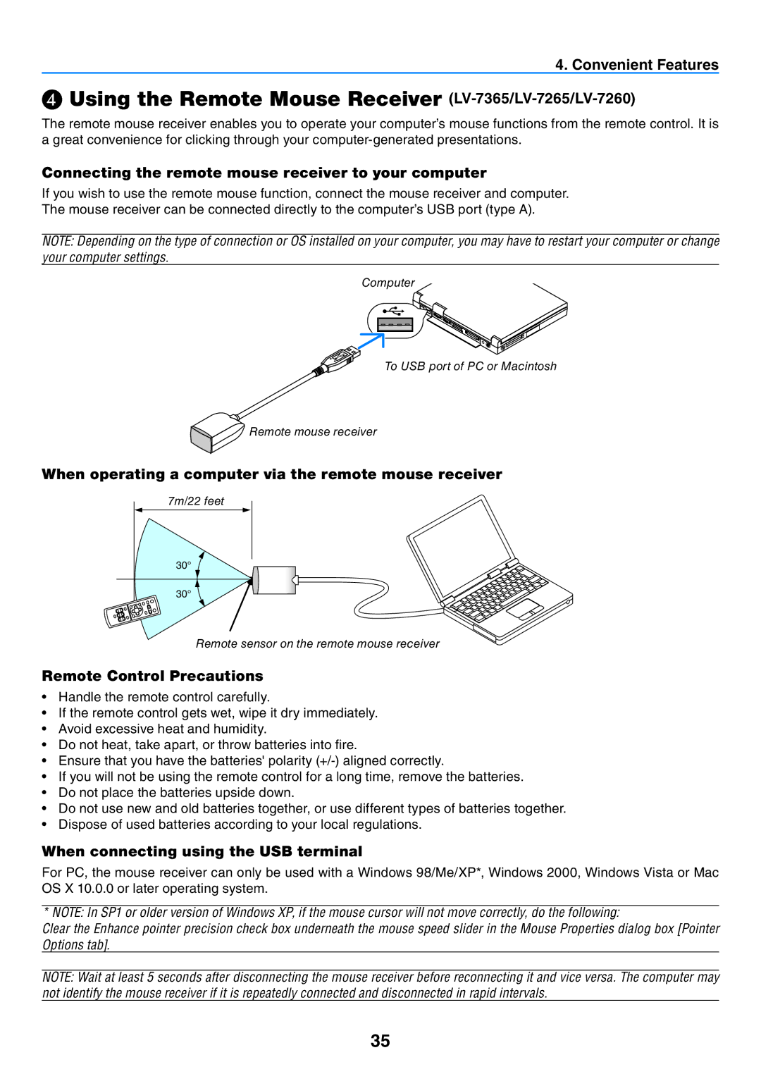 Canon user manual ❹ Using the Remote Mouse Receiver LV-7365/LV-7265/LV-7260, Convenient Features 