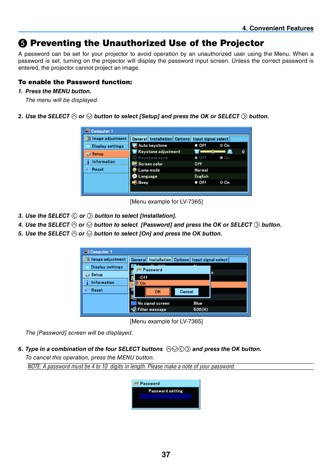 Canon LV-7365 user manual ❺ Preventing the Unauthorized Use of the Projector, To enable the Password function 