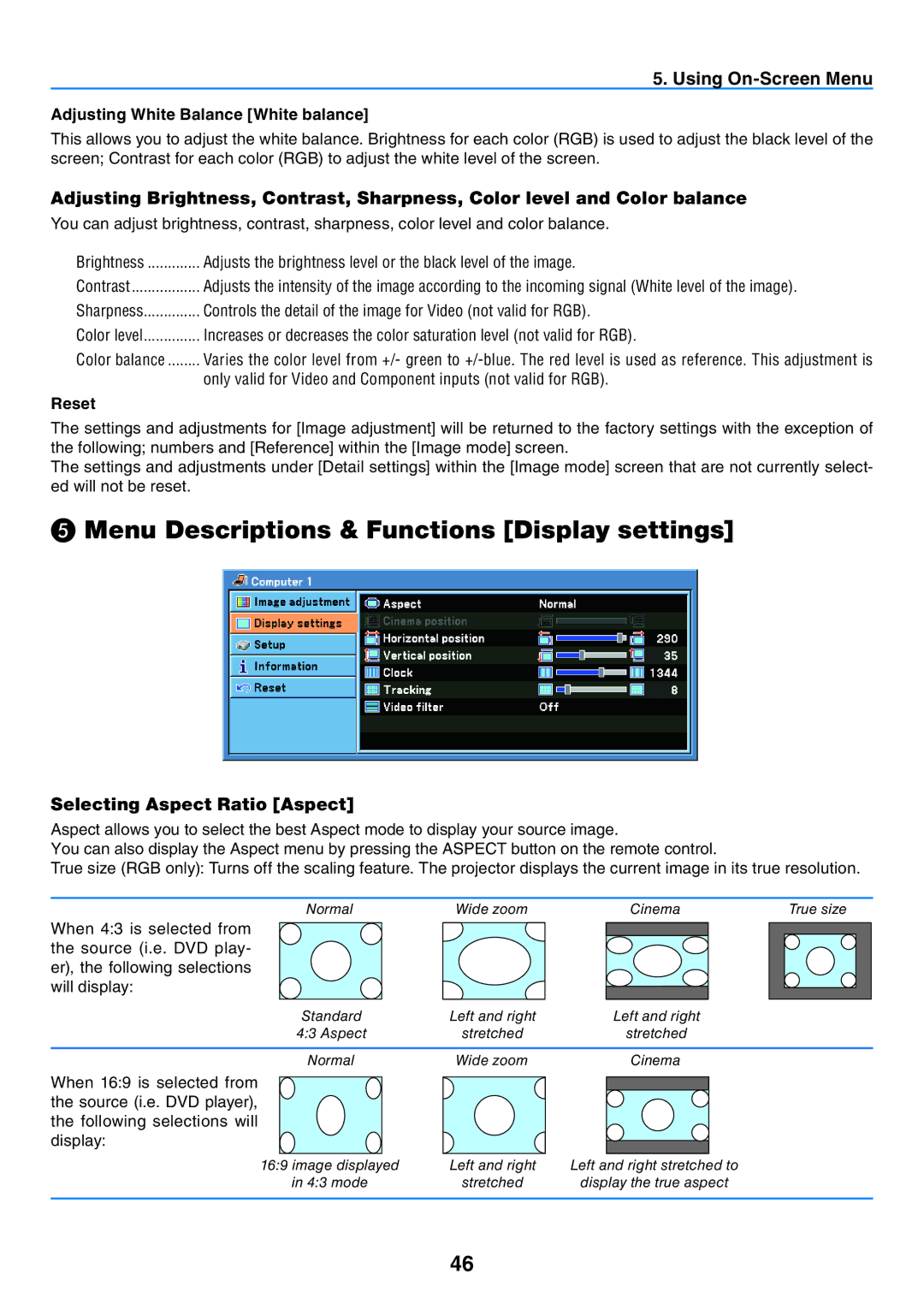 Canon LV-7365 user manual ❺ Menu Descriptions & Functions Display settings, Selecting Aspect Ratio Aspect, Reset 