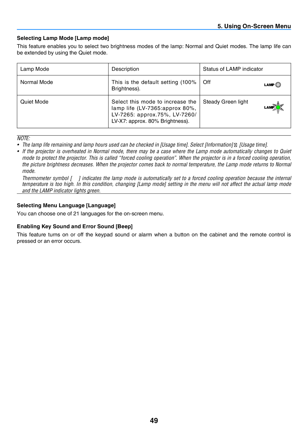 Canon LV-7365 Selecting Lamp Mode Lamp mode, Selecting Menu Language Language, Enabling Key Sound and Error Sound Beep 