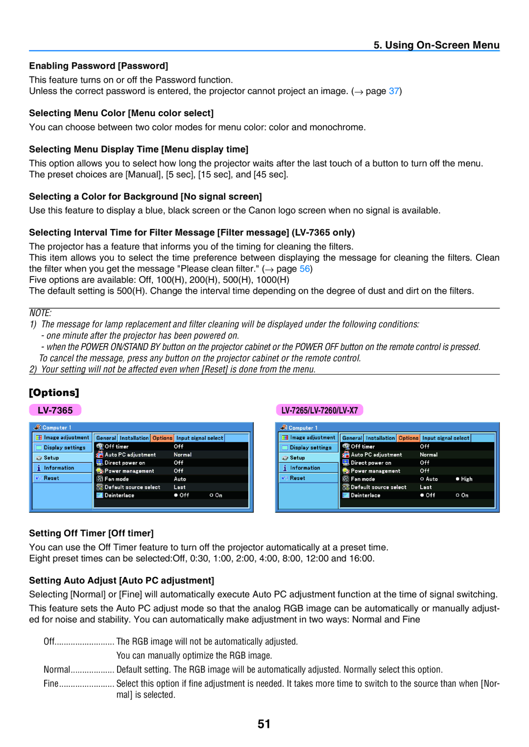 Canon LV-7365 user manual Options 