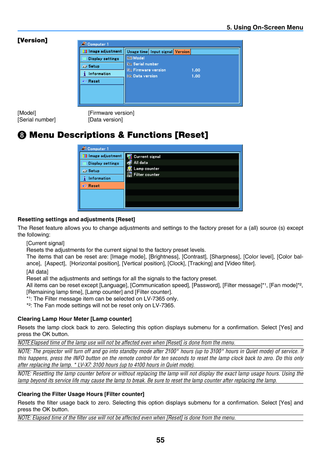 Canon LV-7365 ❽ Menu Descriptions & Functions Reset, Using On-Screen Menu Version, Clearing Lamp Hour Meter Lamp counter 