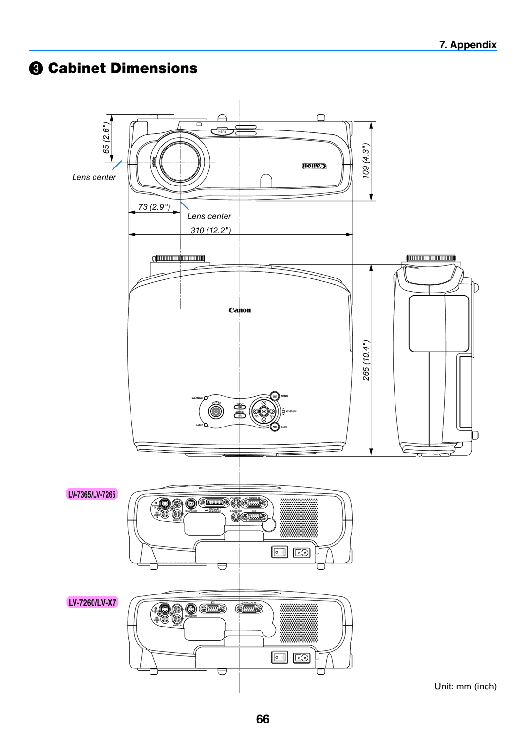 Canon LV-7365 user manual ❸ Cabinet Dimensions, LV-7260/LV-X7 