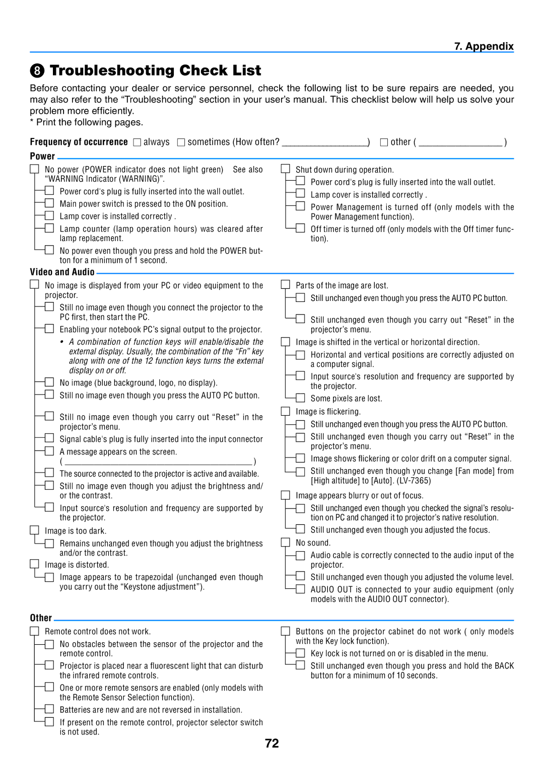 Canon LV-7365 user manual ❽ Troubleshooting Check List, Power, Video and Audio, Other 