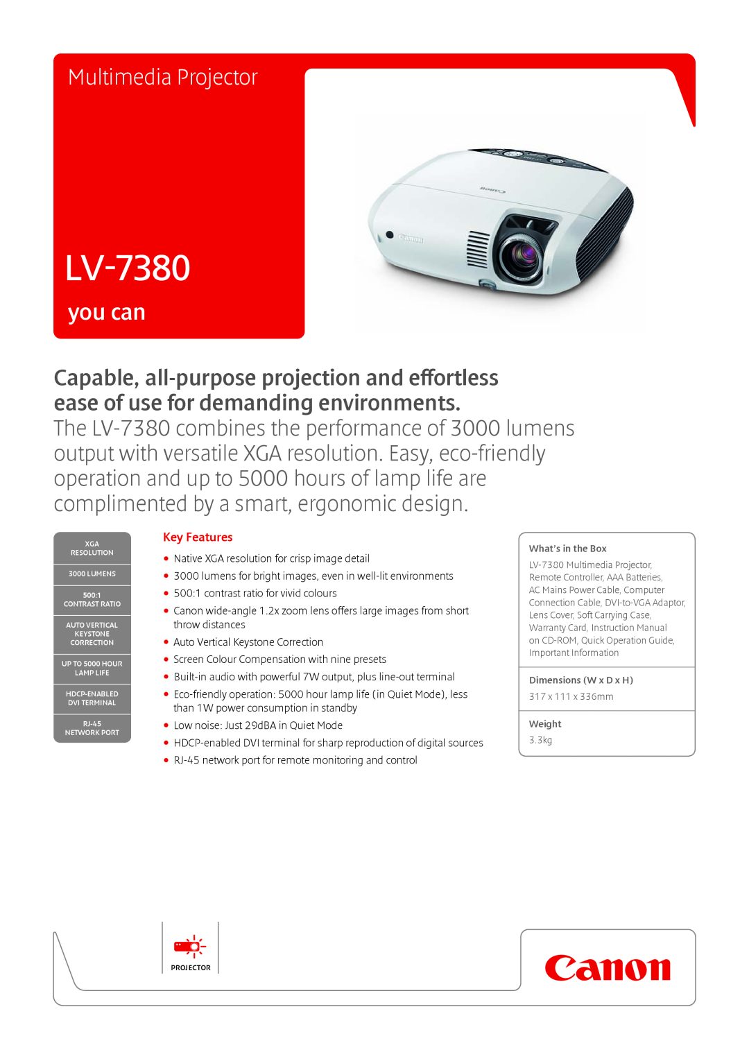 Canon LV-7380 warranty you can, Multimedia Projector, Key Features 