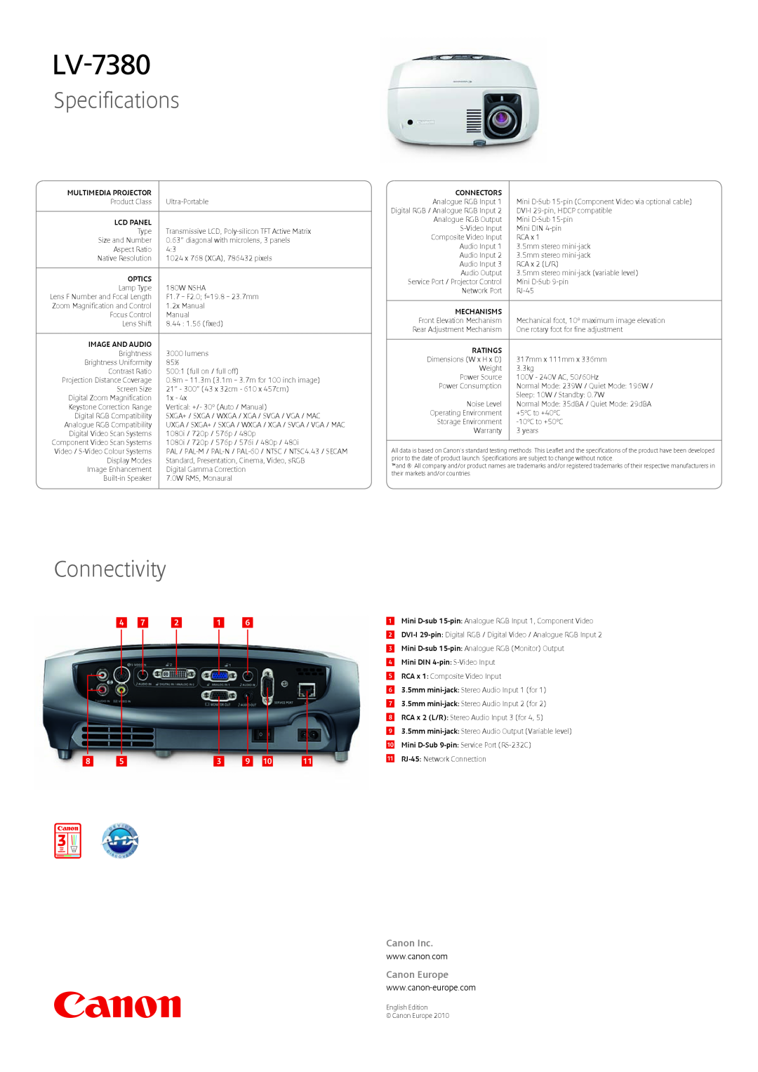 Canon LV-7380 warranty Specifications, Connectivity, Canon Inc, Canon Europe 
