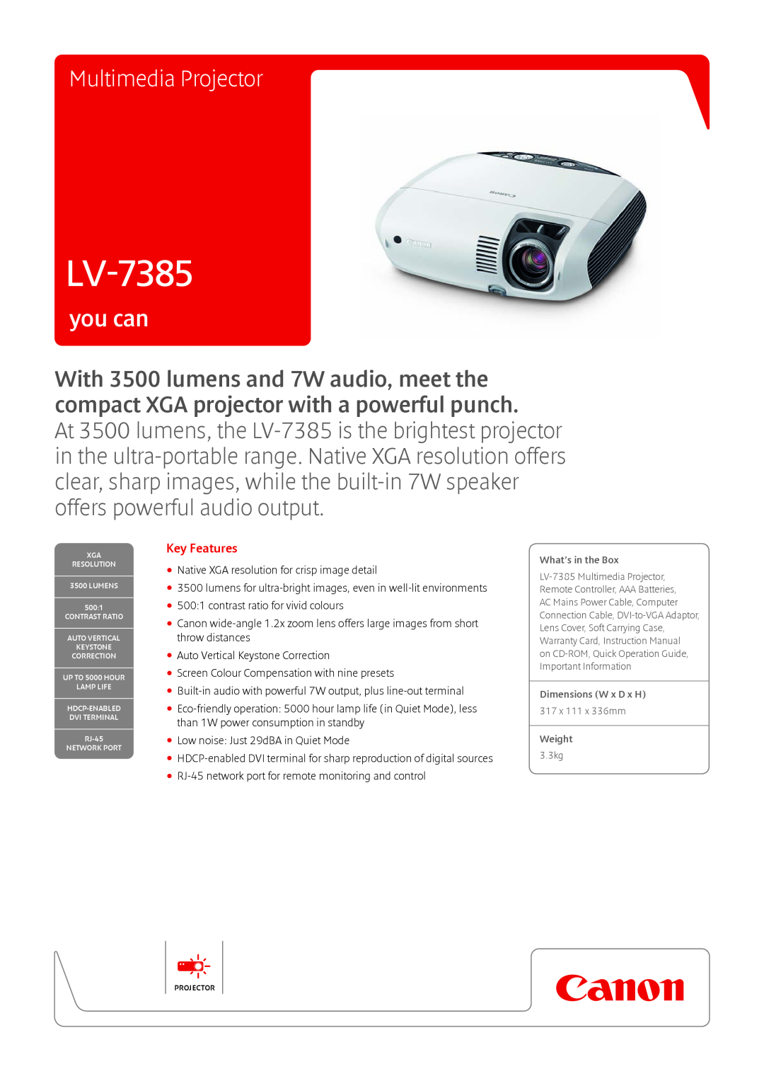 Canon LV-7385 warranty you can, Multimedia Projector, Key Features 